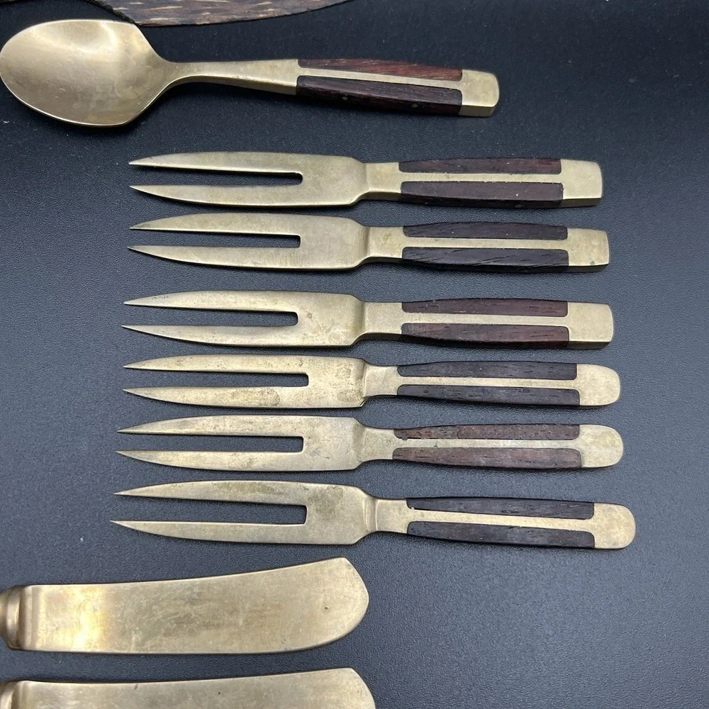 VTG Brass & Wood Demitasse Forks Knives & Spoon -‎ Lot of 10 - Thailand - Unique
